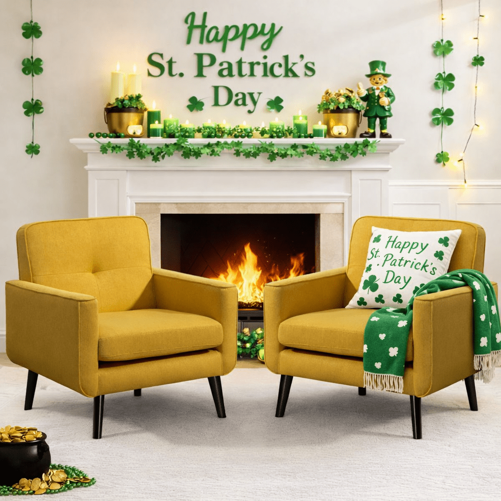 Mid-Century Modern Accent Chairs Set of 2 Upholstered Fabric Armchairs with Button Tufted Back and Solid Wood Legs, Cozy Side Chairs for Living Room, Bedroom, Office, or Cafe (Yellow)