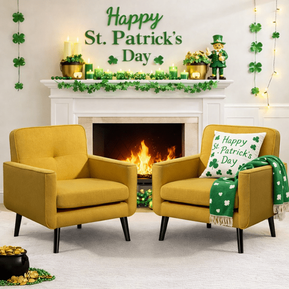 Mid-Century Modern Accent Chairs Set of 2 Upholstered Fabric Armchairs with Button Tufted Back and Solid Wood Legs, Cozy Side Chairs for Living Room, Bedroom, Office, or Cafe (Yellow)