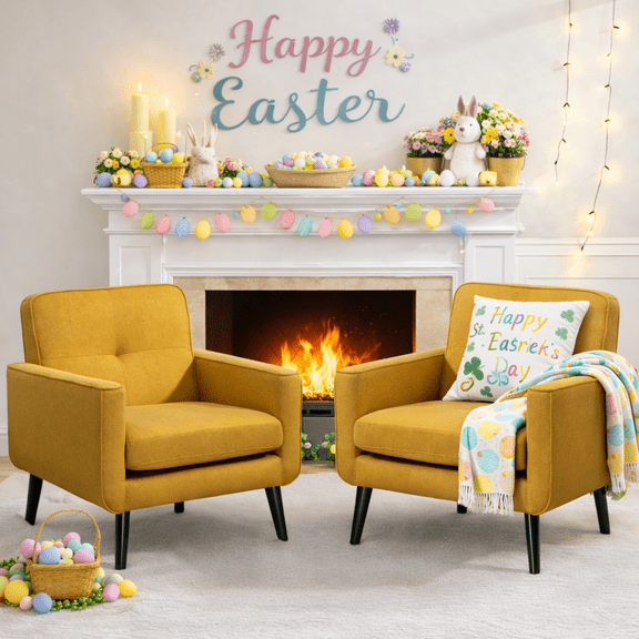 Mid-Century Modern Accent Chairs Set of 2 Upholstered Fabric Armchairs with Button Tufted Back and Solid Wood Legs, Cozy Side Chairs for Living Room, Bedroom, Office, or Cafe (Yellow)