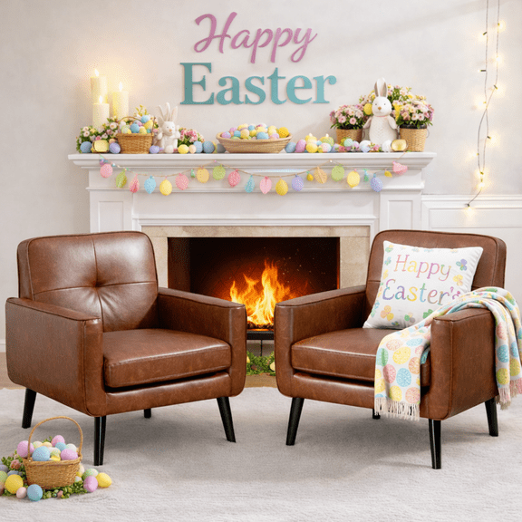 Mid-Century Modern Accent Chairs Set of 2 Upholstered PU Leather Armchairs with Button Tufted Back and Solid Wood Legs, Cozy Side Chairs for Living Room, Bedroom, Office, or Cafe (Caramel)