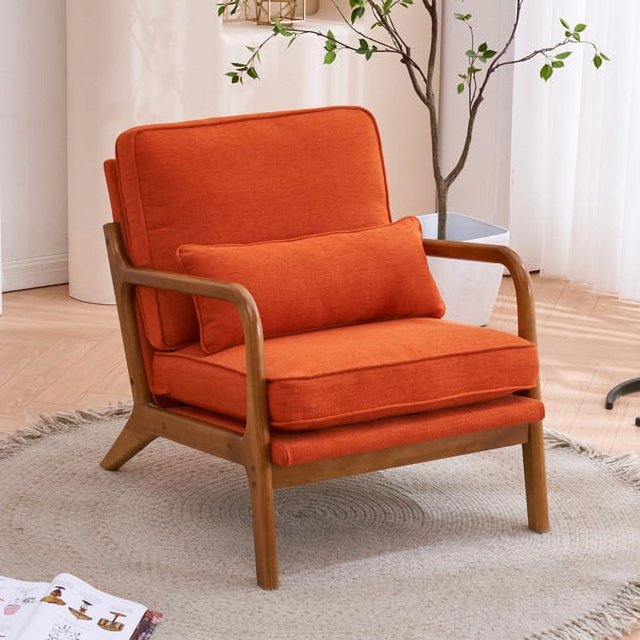 Mid Century Modern Upholstered Accent Chair, Solid Wood Frame, Easy