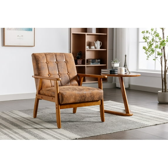 Mid-Century Modern Accent Lounge Chair, Linen Office Reception Chair Wooden Arm Chair, Vintage Tufted Tan Chair Upholstered Retro Sofa Side Sitting Chair for Living Room/Bedroom (Microsuede-Coffee)