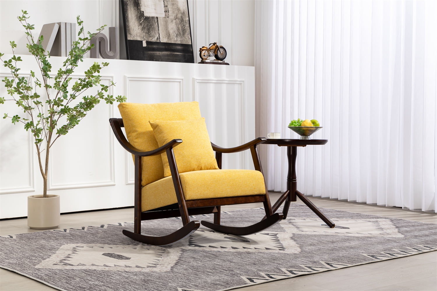 Mid Century Modern Accent Rocking Chair, Linen Fabric Upholstered ...