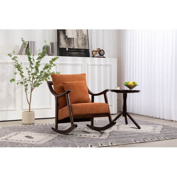 Mid Century Modern Accent Rocking Chair, Linen Fabric Upholstered Glider Rocker Armchair With Solid Wood Base, Comfy Nursery Reading Chair for Living Room Bedroom Balcony