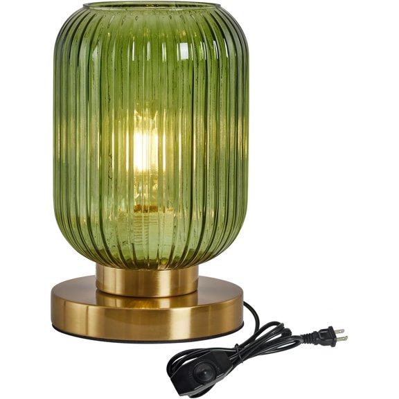 Mid Century Modern Amber Glass Table Lamp with Pumpkin Ribbed Design, Dimmable Gold Bedside Lamp for Living Room Office and Nightstand