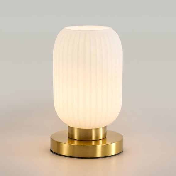 Mid Century Modern Amber Glass Table Lamp with Pumpkin Ribbed Design, Dimmable Gold Bedside Lamp for Living Room Office and Nightstand