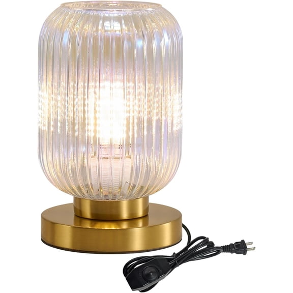 Mid Century Modern Amber Glass Table Lamp with Pumpkin Ribbed Design, Dimmable Gold Bedside Lamp for Living Room Office and Nightstand
