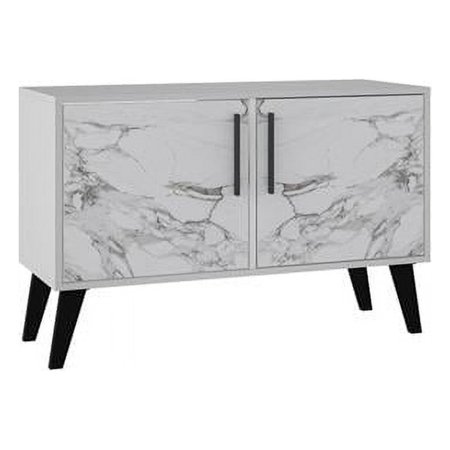 Mid-Century- Modern Amsterdam Double Side Table 2.0 with 3 Shelves in White Marble, 27.36 x 35.43 x 13.78 in.