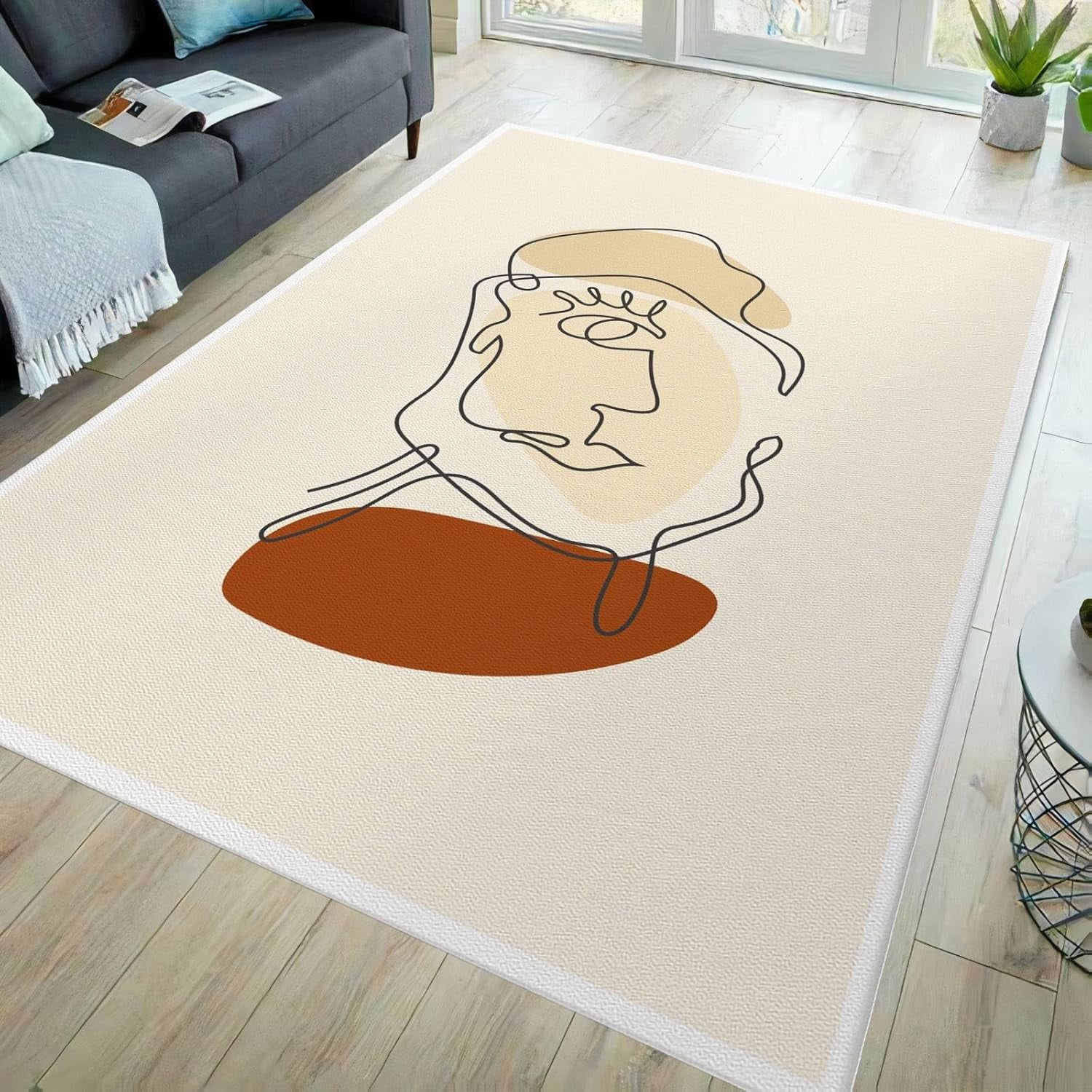 Mid Century Modern Area Rug, Beige Abstract Art Bedroom Rug, Indoor Rug ...