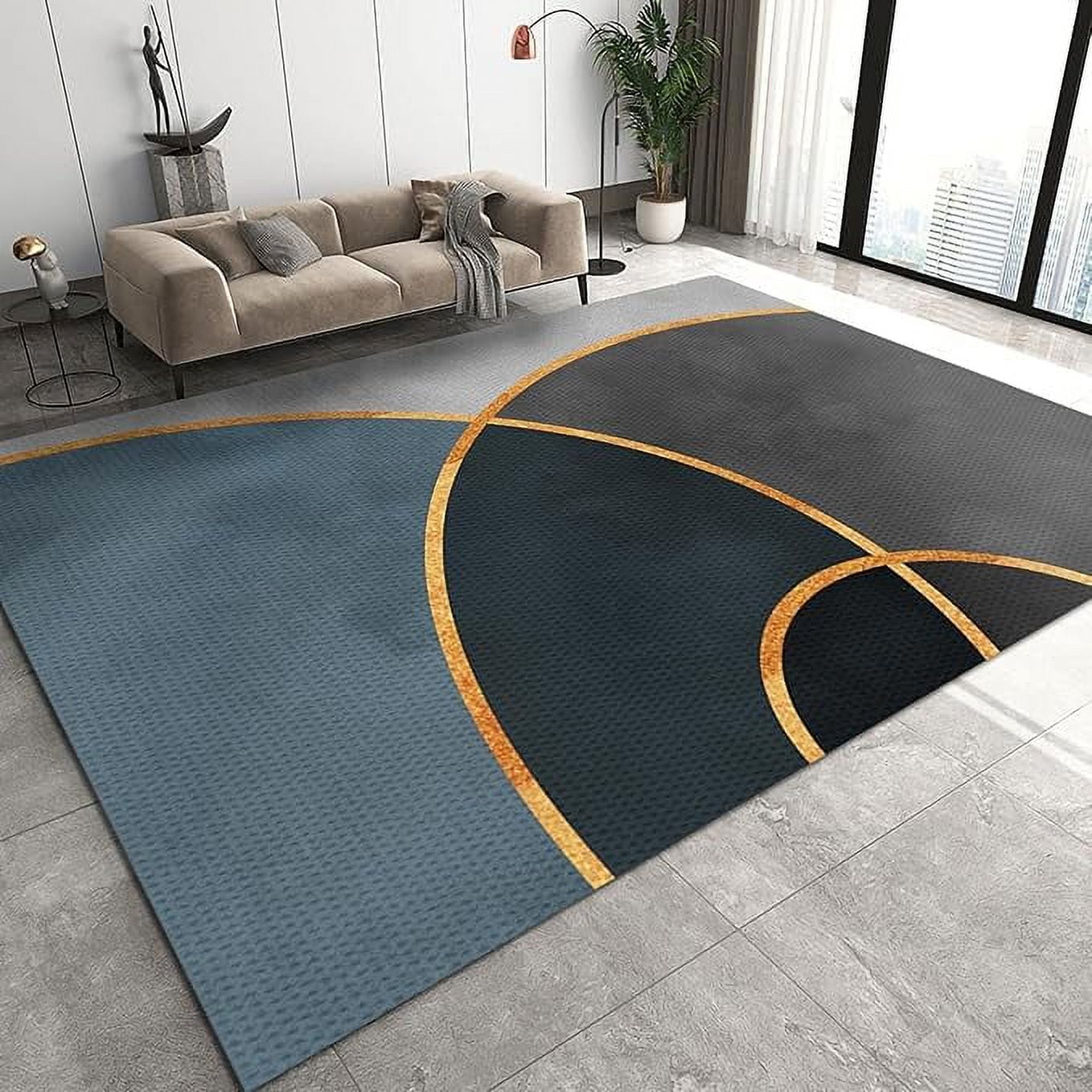 Mid Century Modern Area Rug, Vintage Navy Blue Gold Geometric Rugs For Living Room, Easy Clean Absorbent Anti-Skid Washable Rug For Bedside Bedroom Office Nursery Study Room 4 x 5ft