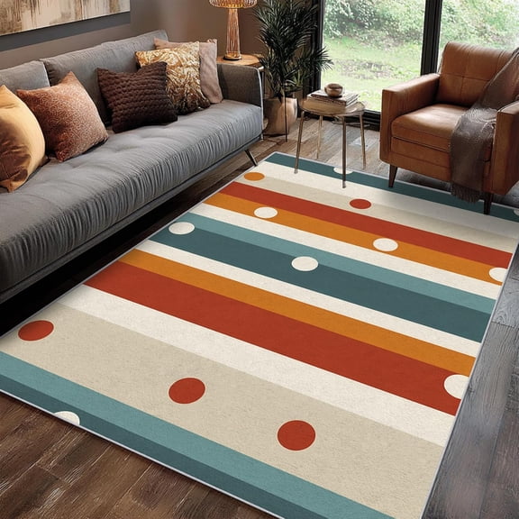 Mid Century Modern Area Rugs, Retro Geometric Boho Stripe Pattern Carpet, Washable Non Slip Low Pile Soft Rug for Living Room Decor Mat 2x3ft