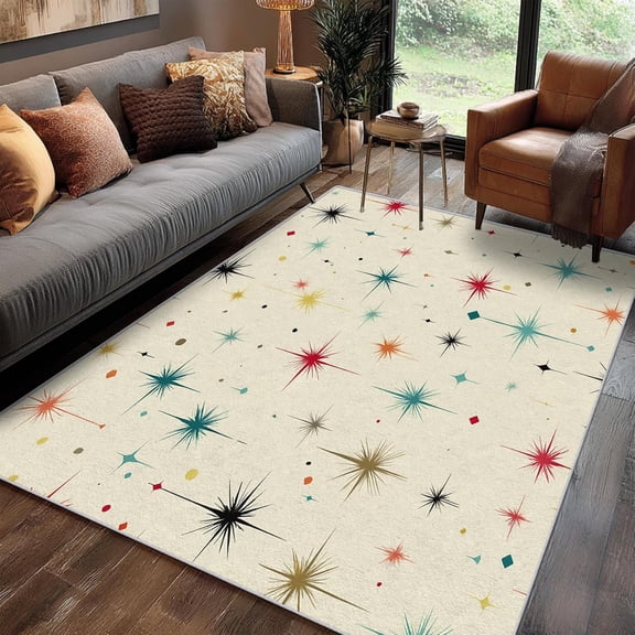 Mid Century Modern Area Rugs, Retro Starburst Geometric Pattern Carpet, Washable Non Slip Low Pile Soft Rug for Living Room Decor Mat 4x6ft