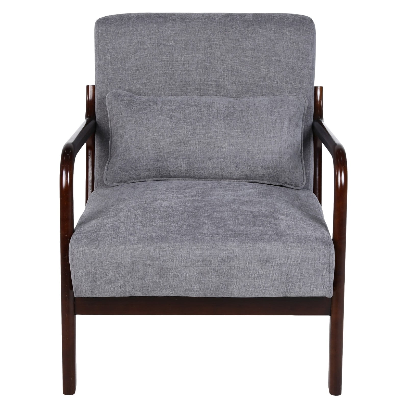 Mid Century Modern Armchair Accent Chair with Solid Rubberwood Frame & Detachable Lumbar Pillow, Upholstered Living Room Bedroom Office Reading Chair, Antique Dark Grey