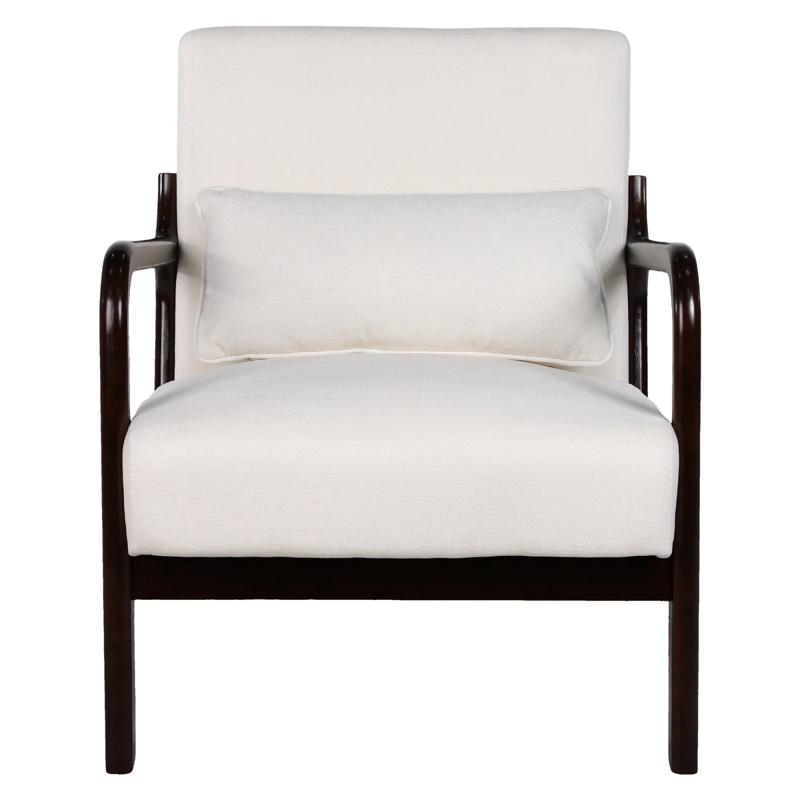 Mid Century Modern Armchair Accent Chair with Solid Rubberwood Frame & Detachable Lumbar Pillow, Upholstered Living Room Bedroom Office Reading Chair, Beige