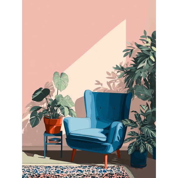Mid Century Modern Armchair and Plants Canvas Print, Wall Decor for Living Room Bedroom Office Cafe Study Apartment
