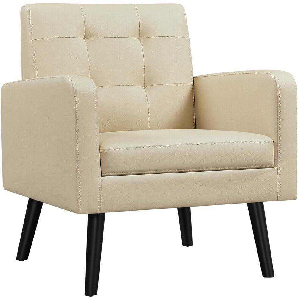 Beige Faux Leather Mid-Century Modern Accent Chair