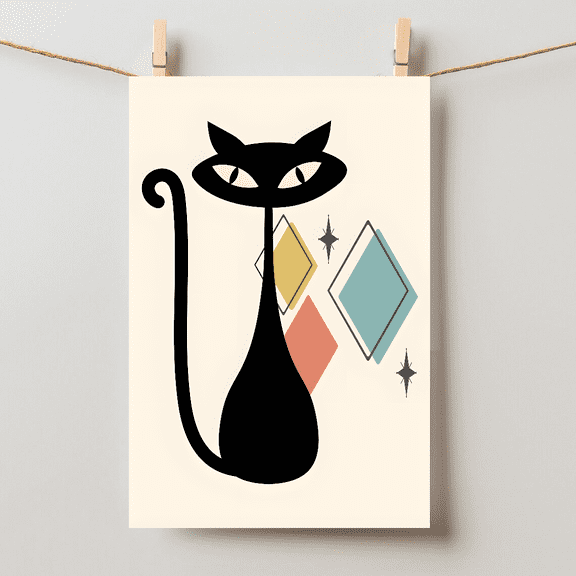 Mid Century Modern Atomic Cat Retro Living Room Bedroom Wall Art, Unframed Paper Poster 8x10in