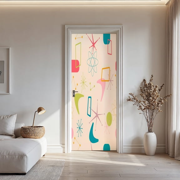 Mid-Century Modern Atomic Door Sticker Self-Adhesive PVC Retro Colorful Pattern Decal for Bedroom Living Room and Wall Decor Removable and No Damage to Walls