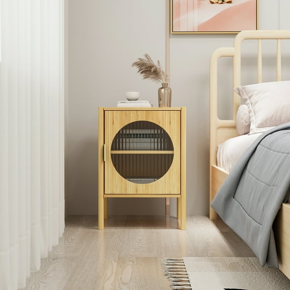 Mid Century Modern Bamboo 1-Door Nightstand, Natural, for Bedroom, Living Room