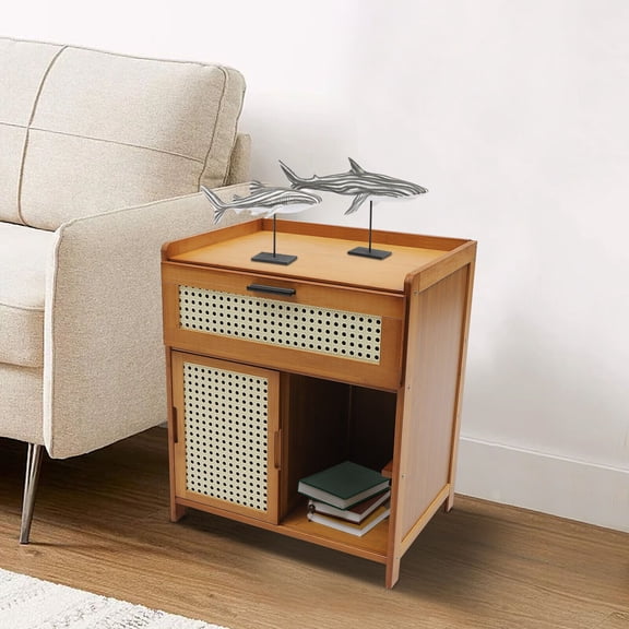 Mid-Century Modern Bamboo Nightstand with Drawer & Shelf | Sturdy Natural Tea Brown Bedside Table for Bedroom, Office & Living Room | 16.5"W x 19.7"D x 27"H | Minimalist Furniture