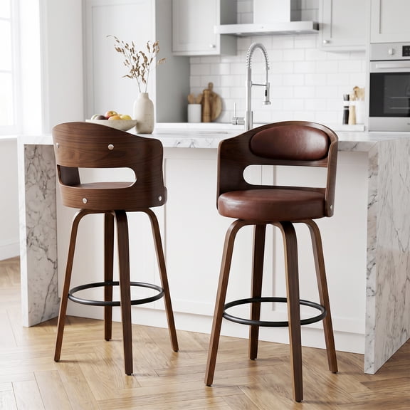 Mid-Century Modern Bar, Padded Pu Leather Seat, Solid Wood Backrest, Strong Metal Legs, for Kitchen/Restaurant