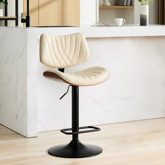 Mid Century Modern Bar Stool, Walnut & Black Leather, 360° Swivel, Adjustable Height For Kitchen/dining Room/cafe, Beige Frame, Height, Faux Leather Upholstered