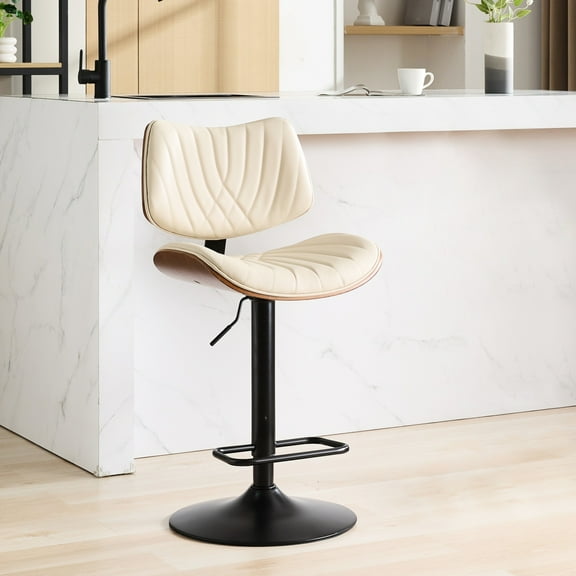 Mid Century Modern Bar Stool With Walnut And Faux Leather, 360° Swivel, Adjustable Height For Kitchen/dining Room/cafe, Beige Swivel Stools, Leather Upholstery, Adjustable, Ergonomic , Kitchen