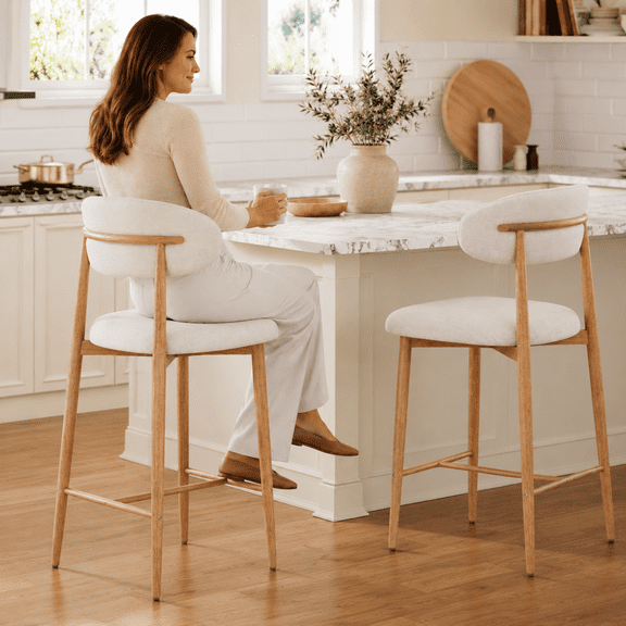Mid Century Modern Bar Stools Set of 2, Beige Linen Upholstered Counter Height Bar Chairs, Ergonomic Curved Seat with Walnut-Grain Metal Legs, 300LBS Weight Capacity for Kitchen Island Bar