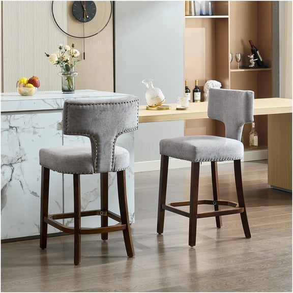 Mid Century Modern Bar Stools Set of 2, Gray Upholstered Counter Height Chairs with Curved Backrest and Copper Nail Accents