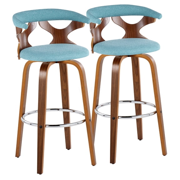 Mid-Century Modern Bar Stools Set of 2 with Swivel, Teal Fabric Upholstery and Chrome Footrest