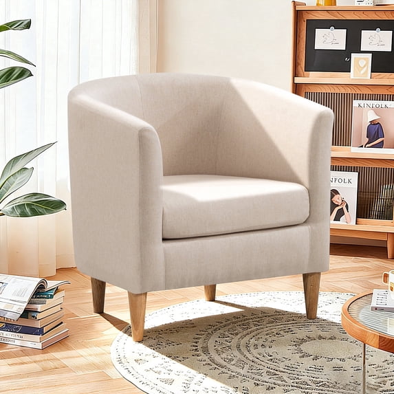 Modern Barrel Accent Chair, Upholstered Fabric Armchair with Thick Cushion and Wood Legs, Cozy Reading Chair for Living Room Bedroom Small Spaces (1PC, Beige)