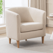 Mid Century Modern Barrel Accent Chair, Upholstered Club Chair with Comfy Armrest and Stable Wood Legs for Bedroom, Living Room, or Reading Corner (Beige)