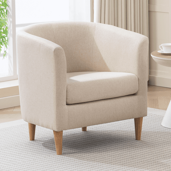 Mid Century Modern Barrel Accent Chair, Upholstered Club Chair with Comfy Armrest and Stable Wood Legs for Bedroom, Living Room, or Reading Corner (Beige)