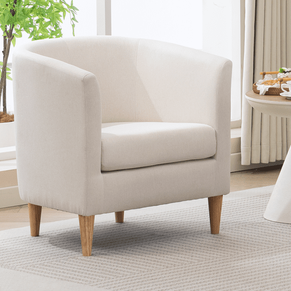 Mid Century Modern Barrel Accent Chair, Upholstered Club Chair with Comfy Armrest and Stable Wood Legs for Bedroom, Living Room, or Reading Corner (Off-white)