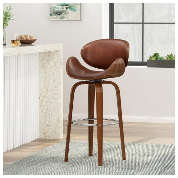 Mid-Century Modern Barstool, 30" Swivel Walnut Bar Stools Set of 1, Brown Leather Upholstery, Chrome Foot Rail, Modern Kitchen Counter Stools Brown + PU