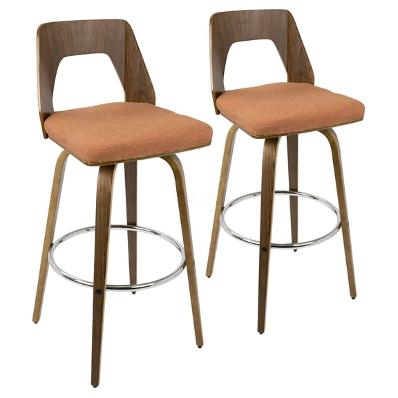 Mid-Century Modern Barstools Set of 2 with Swivel Base, Walnut Finish and Orange Upholstered Seats
