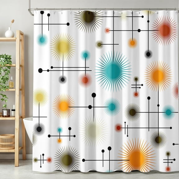 Mid Century Modern Bath Curtain Retro Abstract Geometric Circular Lines Colorful Shower Curtain for Bathroom Laundry Room Home Bedroom Decor