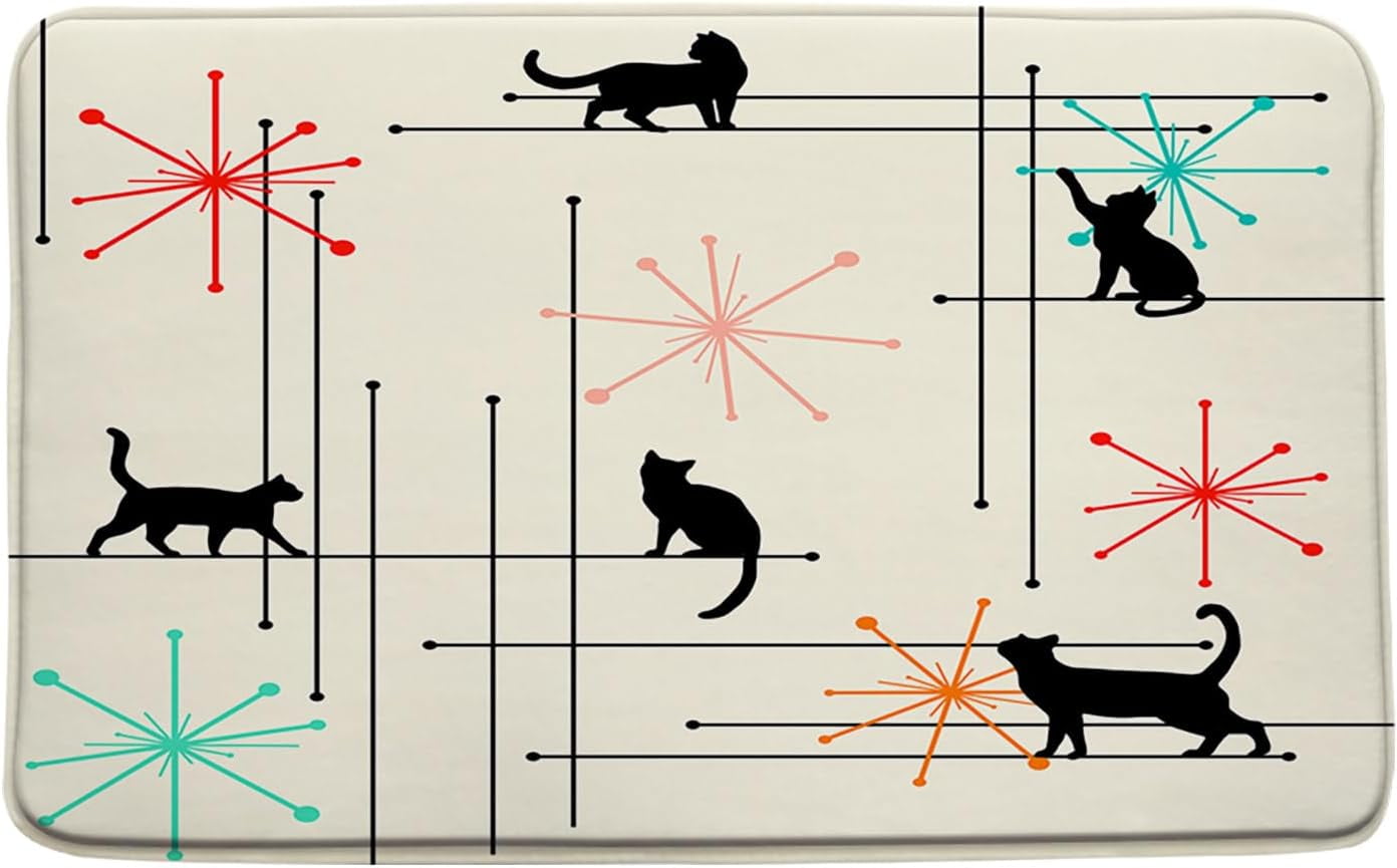 Mid Century Modern Bath Mat Atomic Funny Cat Retro Starbursts Geometric ...