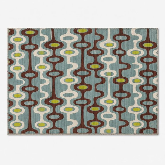 Mid Century Modern Bath Mat, Retro Atomic Organic Pattern Floor Mat, Teal Brown Chartreuse Non-Slip Mat, Mod Bathroom Decor