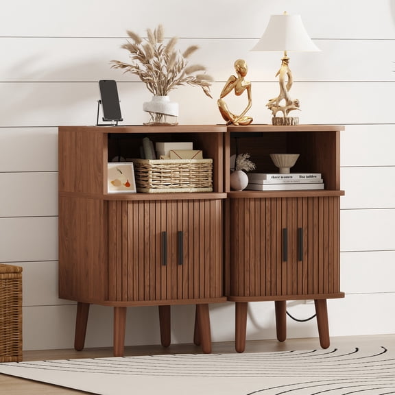 Mid Century Modern Bedside Table,Wood Nightstand with Power Outlet,Fluted Night Stand with Sliding Doors,Curved Round Edge Side Table with Storage Cabinet for Bedroom,Living Room(2PC)