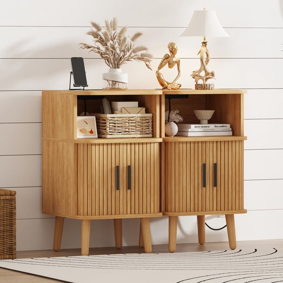 Mid Century Modern Bedside Table,Wood Nightstand with Power Outlet,Fluted Night Stand with Sliding Doors,Curved Round Edge Side Table with Storage Cabinet for Bedroom,Living Room(2PC)