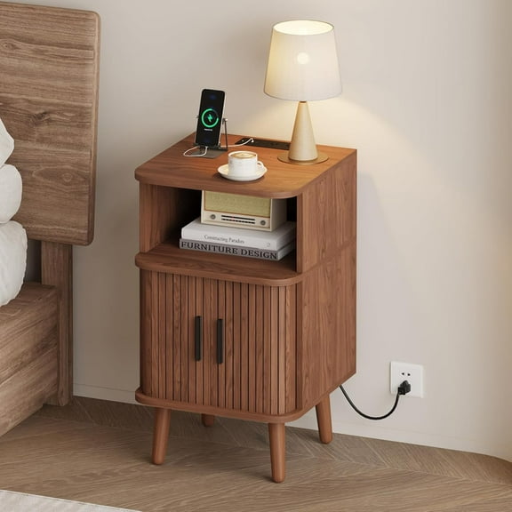 Mid Century Modern Bedside Table,Wood Nightstand with Power Outlet,Fluted Night Stand with Sliding Doors,Curved Round Edge Side Table with Storage Cabinet for Bedroom,Living Room(1PC)