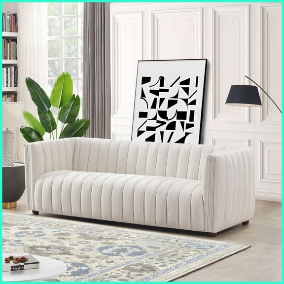 Mid Century Modern Beige Boucle Sofa with Solid Wood Frame  Timeless Living Room Centerpiece