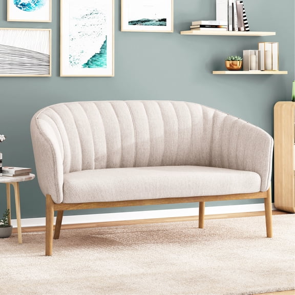 Mid Century Modern Beige , Channel Stitched Back, Brown Rubberwood Legged, Assembly Required Furniture Legs, Included