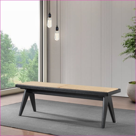 Mid Century Modern Bench, 51.2" Wide Natural Rattan with Black Solid Wood Legs | Living Room, Entryway, Dining Room | Black,Rattan | Foot Rest