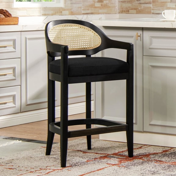Mid - Century Modern Black Bar Stool with Cane Inset - Comfortable for Long - time Sitting