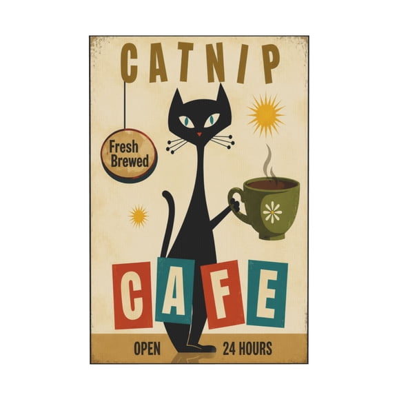 Mid Century Modern Black Cat Coffee Bar Canvas Wall Art For Kitchen Or Dining Room 12*18in