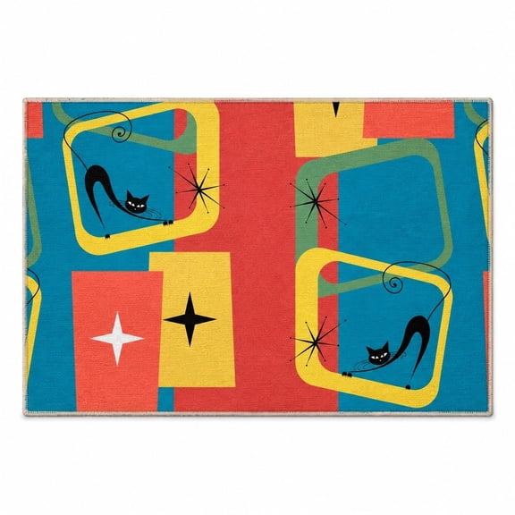 Mid Century Modern Black Cat Doormat – Retro Atomic Geometric Floor Mat, 2 Sizes