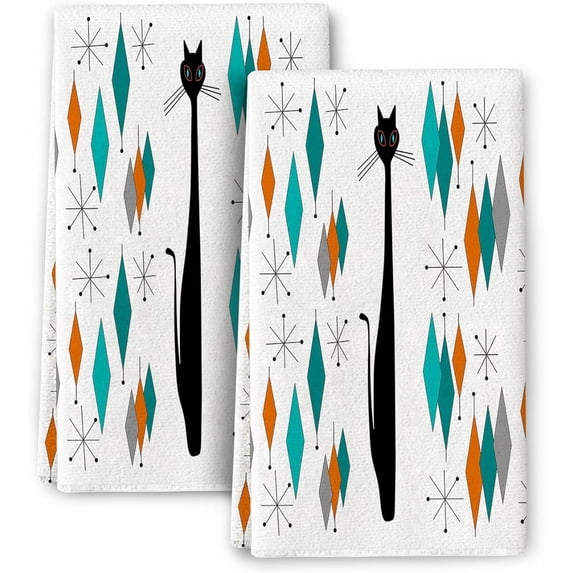 Mid Century Modern Black Cat Kitchen Towel Set of 2, 16 x 24 inches, Soft Absorbent