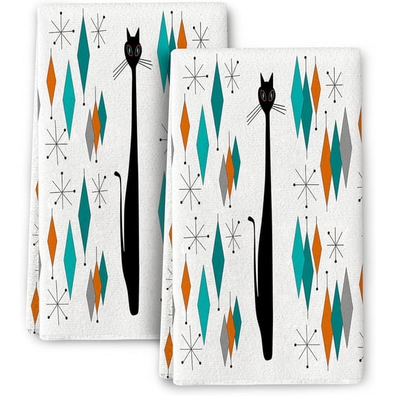 Mid Century Modern Black Cat Kitchen Towel Set of 2, 16 x 24 inches, Soft Absorbent